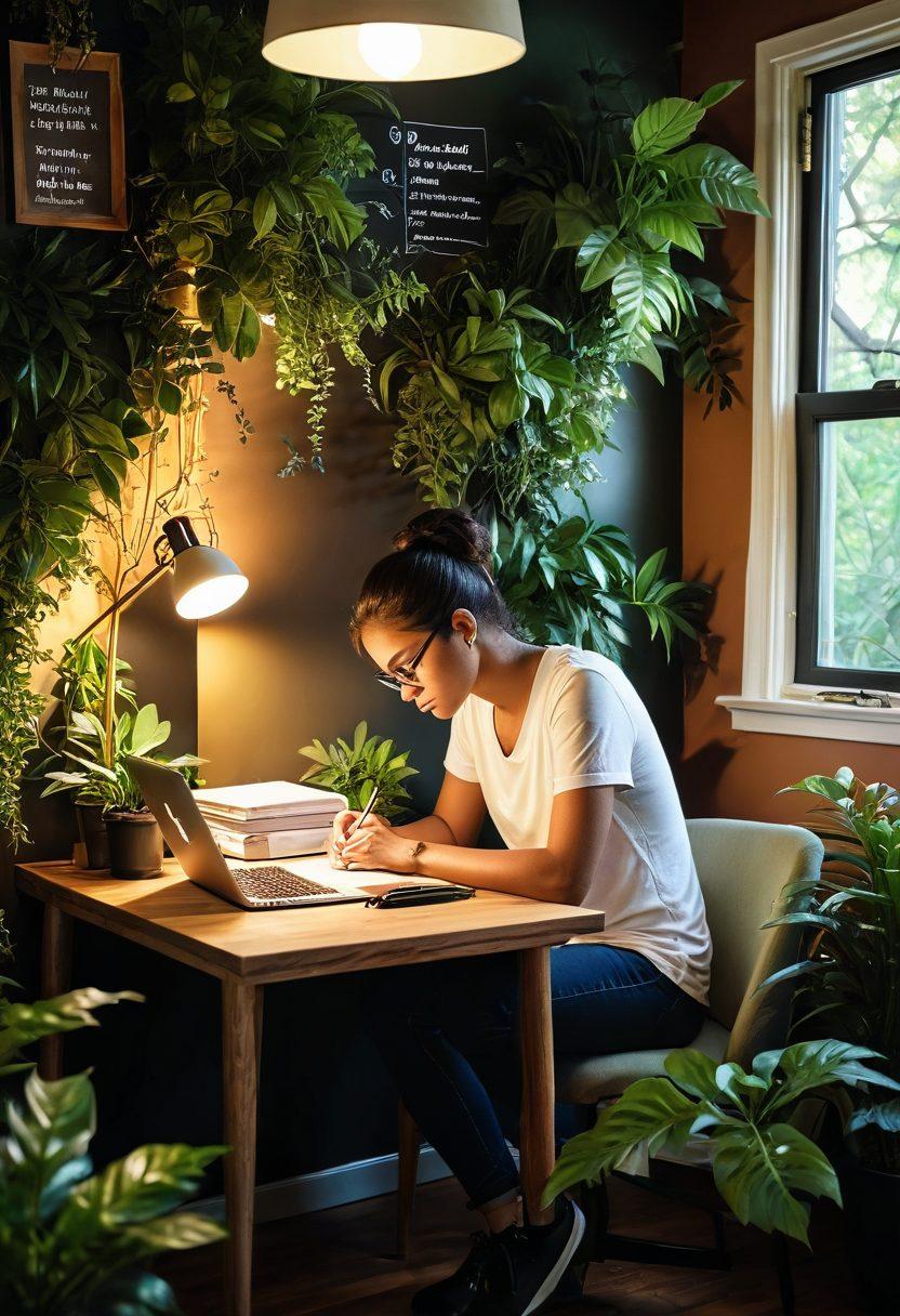A person sitting at a cozy desk with a laptop open, jotting down ideas in a journal, surrounded by plants and warm ambient lighting. A thought bubble with digital icons representing blogging tips, inspiration, and creativity. The background includes a motivational quote on the wall. The scene conveys a sense of focus and empowerment. super-realistic. warm colors. cozy atmosphere.