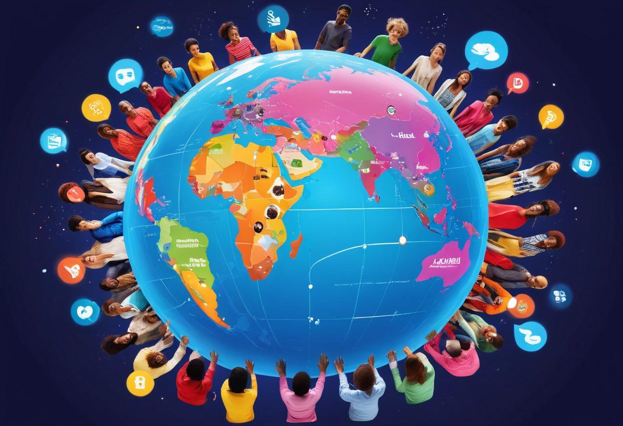 A dynamic scene depicting diverse individuals engaging around a glowing digital globe, symbolizing global connections through blogging. Include icons of communication like speech bubbles, hashtags, and share buttons floating around them, showcasing various blogging strategies. Vibrant colors to highlight the energy of sharing ideas. Super-realistic style that captures expressions of enthusiasm and creativity.