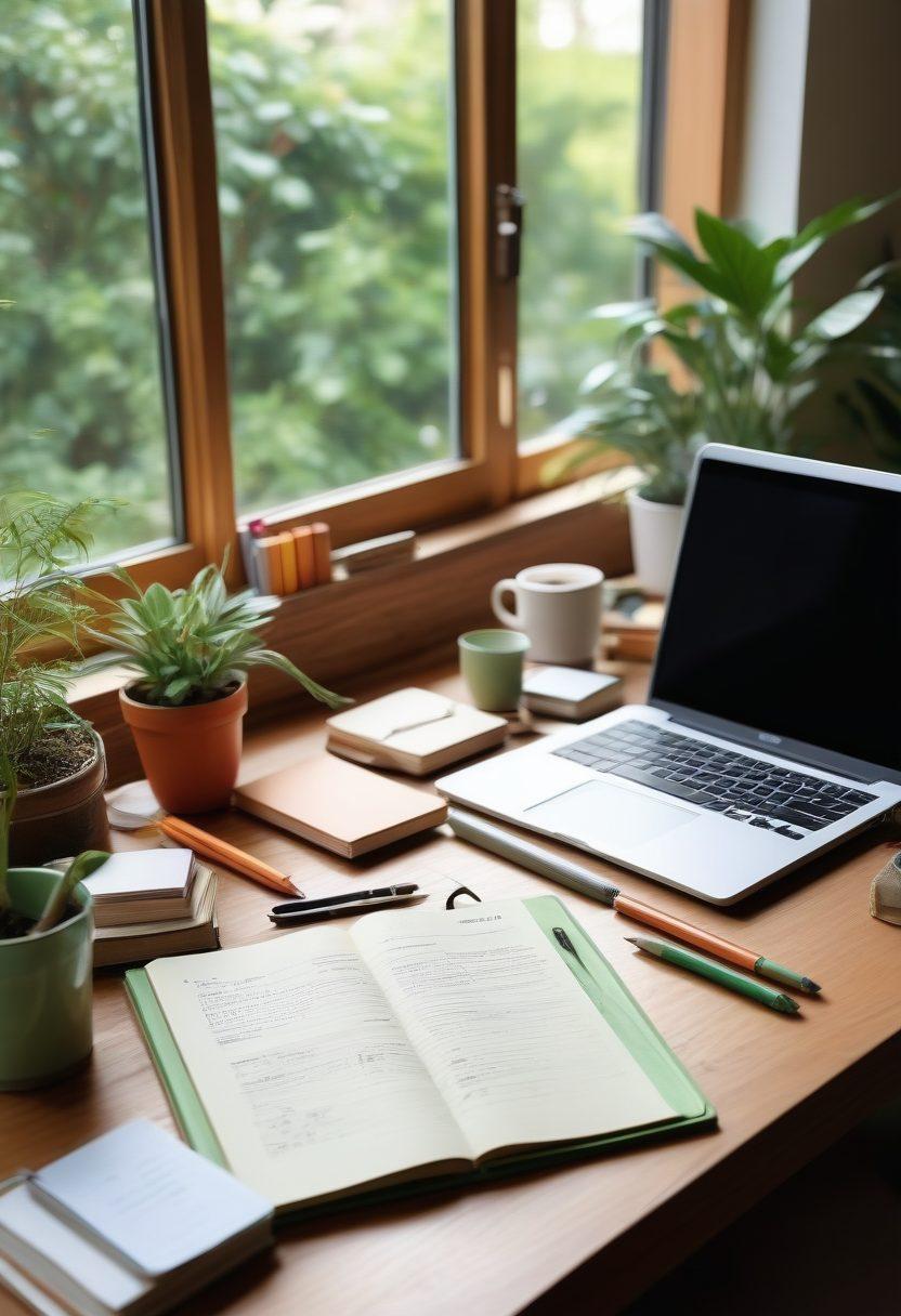 A serene desk scene featuring an open journal with handwritten notes, a laptop with a vibrant blog layout on the screen, and colorful stationery scattered around. Soft morning light filters through a window, illuminating a cozy workspace filled with plants and personal mementos. The atmosphere is inviting and inspires creativity and productivity. super-realistic. warm colors. soft light.